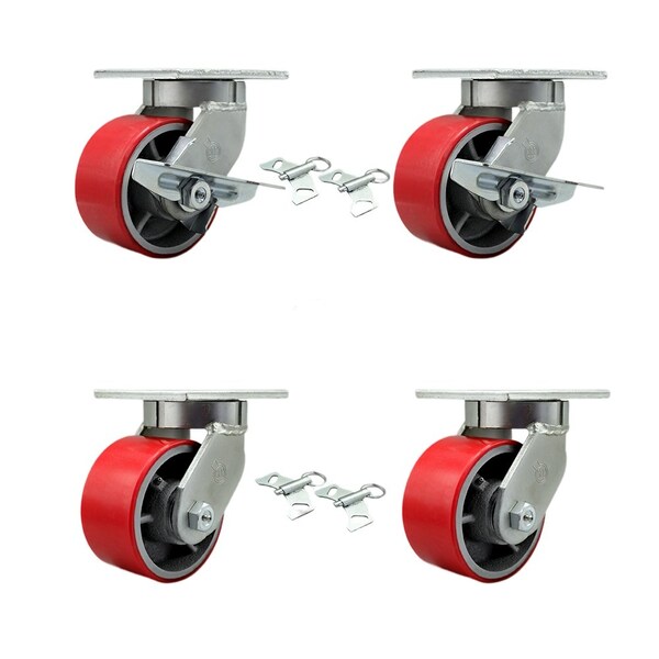 Service Caster 6'' Heavy Duty Red Poly on Cast Iron Caster Set 4 Swivel Locks 2 Brakes, 4PK CRAN-KP92S630-PUR-RS-SLB-BSL-2-BSL-2 - main